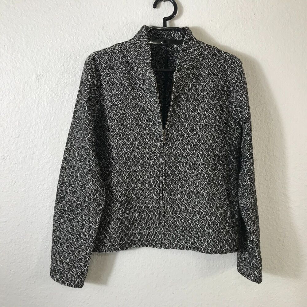 Eileen Fisher Jacket Womens XS Zip Up Rosette Jacquard Black Long Sleeve Pockets